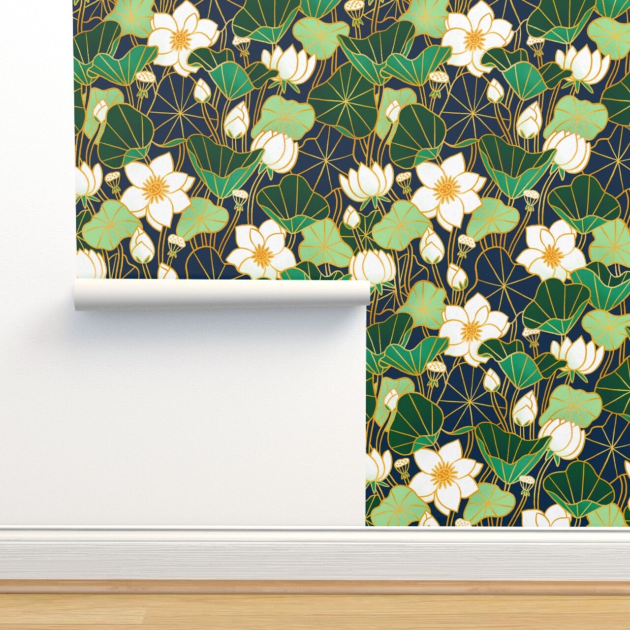 Lotus Flowers Lily Pad Art Nouveau Vintage Style Nature Victorian Custom Pre-pasted Wallpaper by Spoonflower Pre-Pasted Wallpaper 2FT Wide